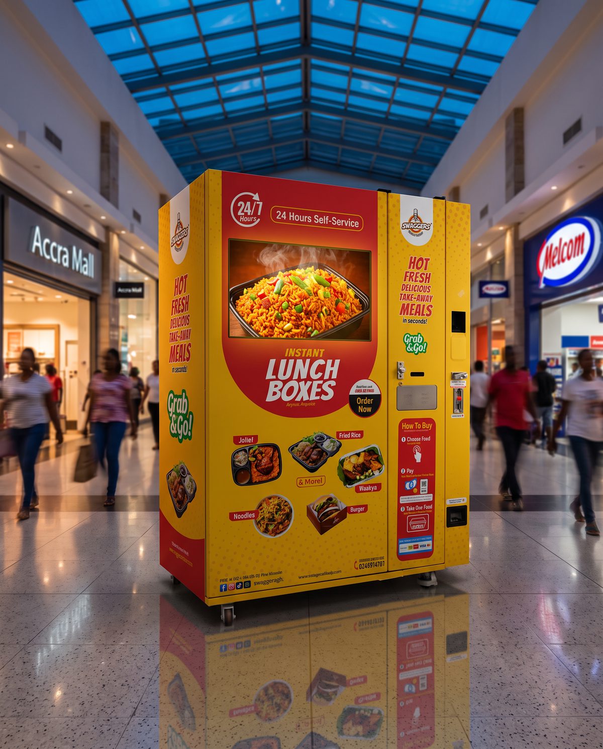A Swaggers hot meals machine in a busy mall, its big screen showing a food advert